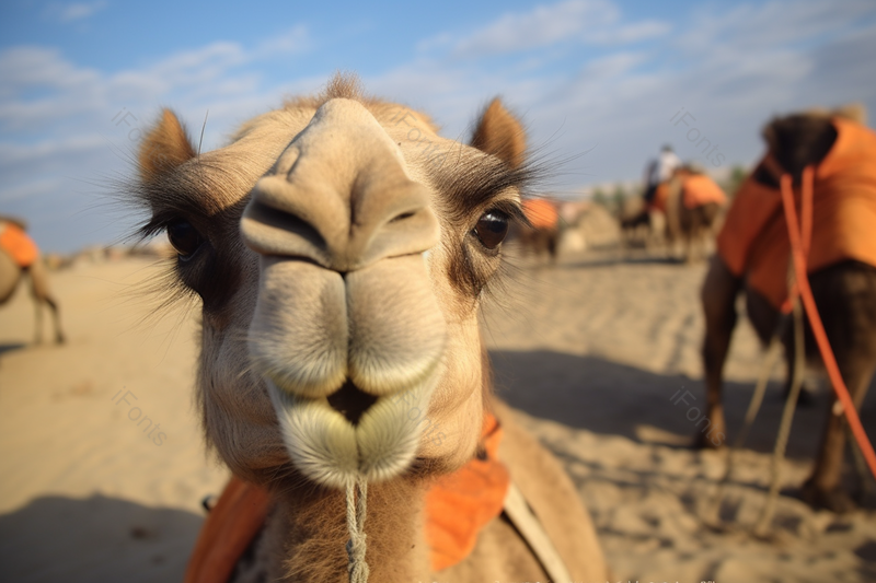太阳下一只可爱的骆驼张着嘴吧微笑在炎热的沙漠,高清,摄影图,摄影图片,图片大全,摄影图免费下载